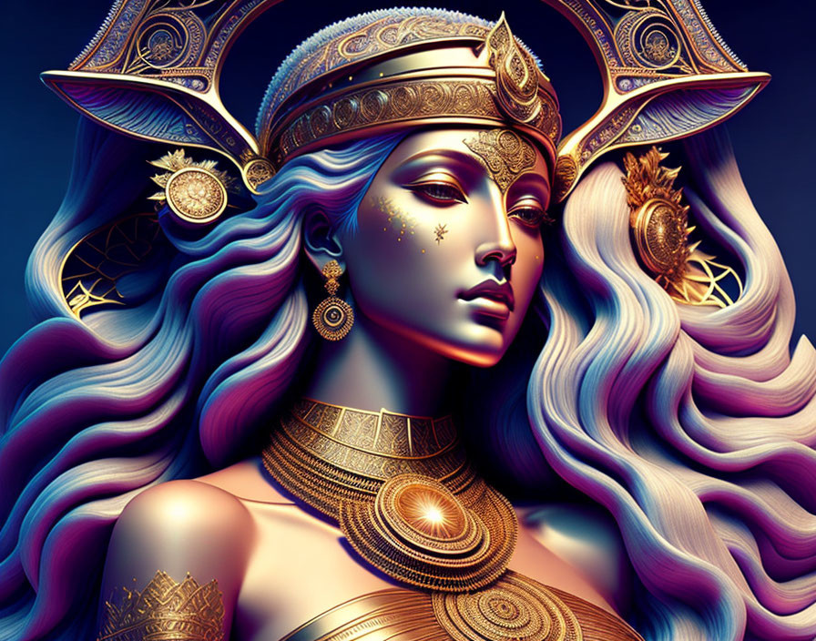 Stylized digital art of woman with purple hair in ornate armor