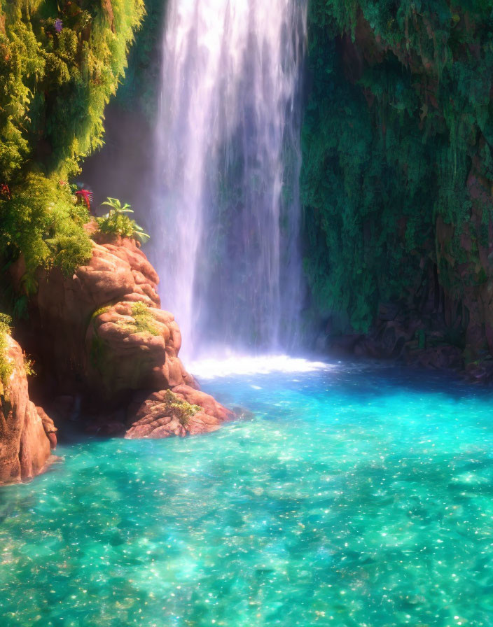 Tranquil Waterfall Cascading into Turquoise Pool Amid Lush Greenery