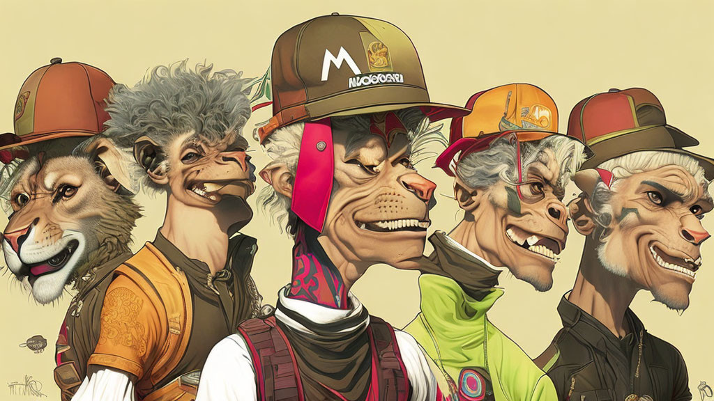 Six stylized characters with animal-like features in hats showcasing diverse emotions.