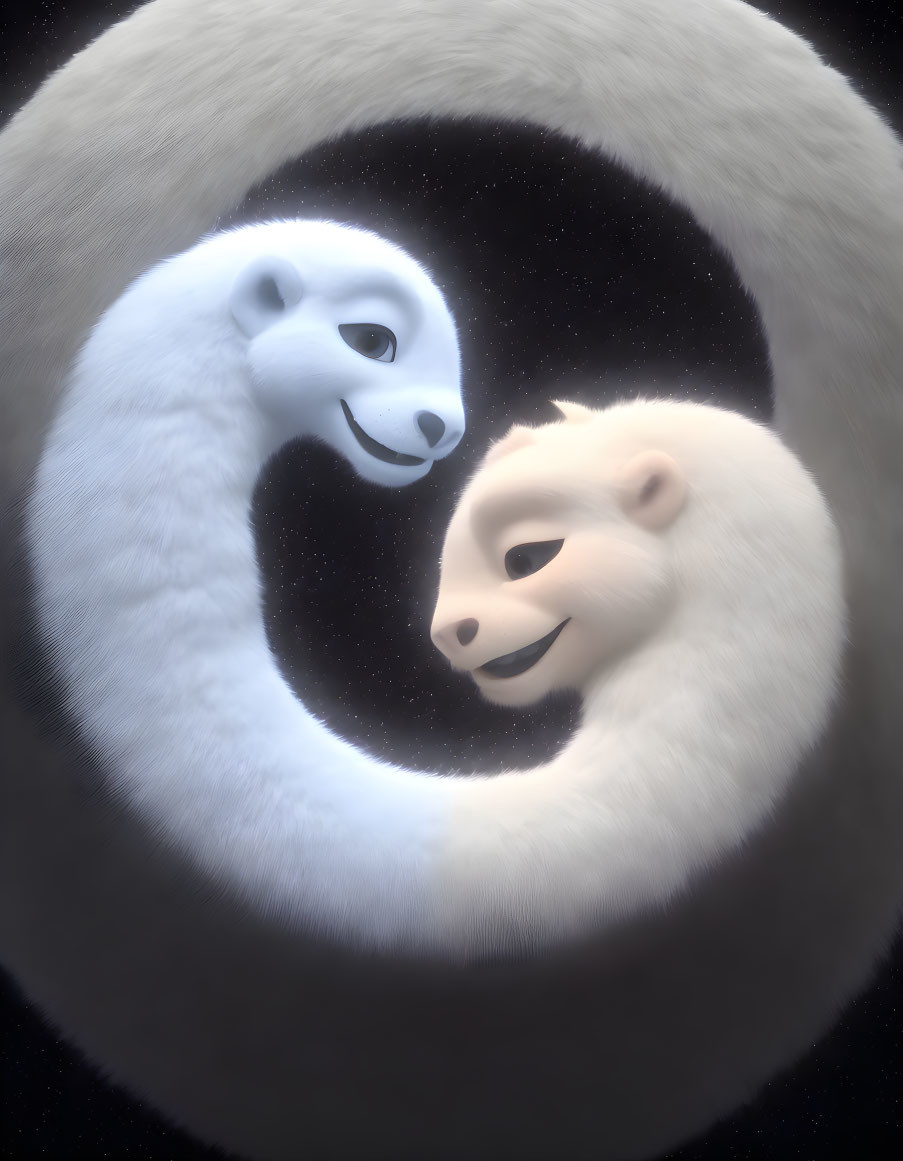 Stylized white bears in yin-yang pose on starry background