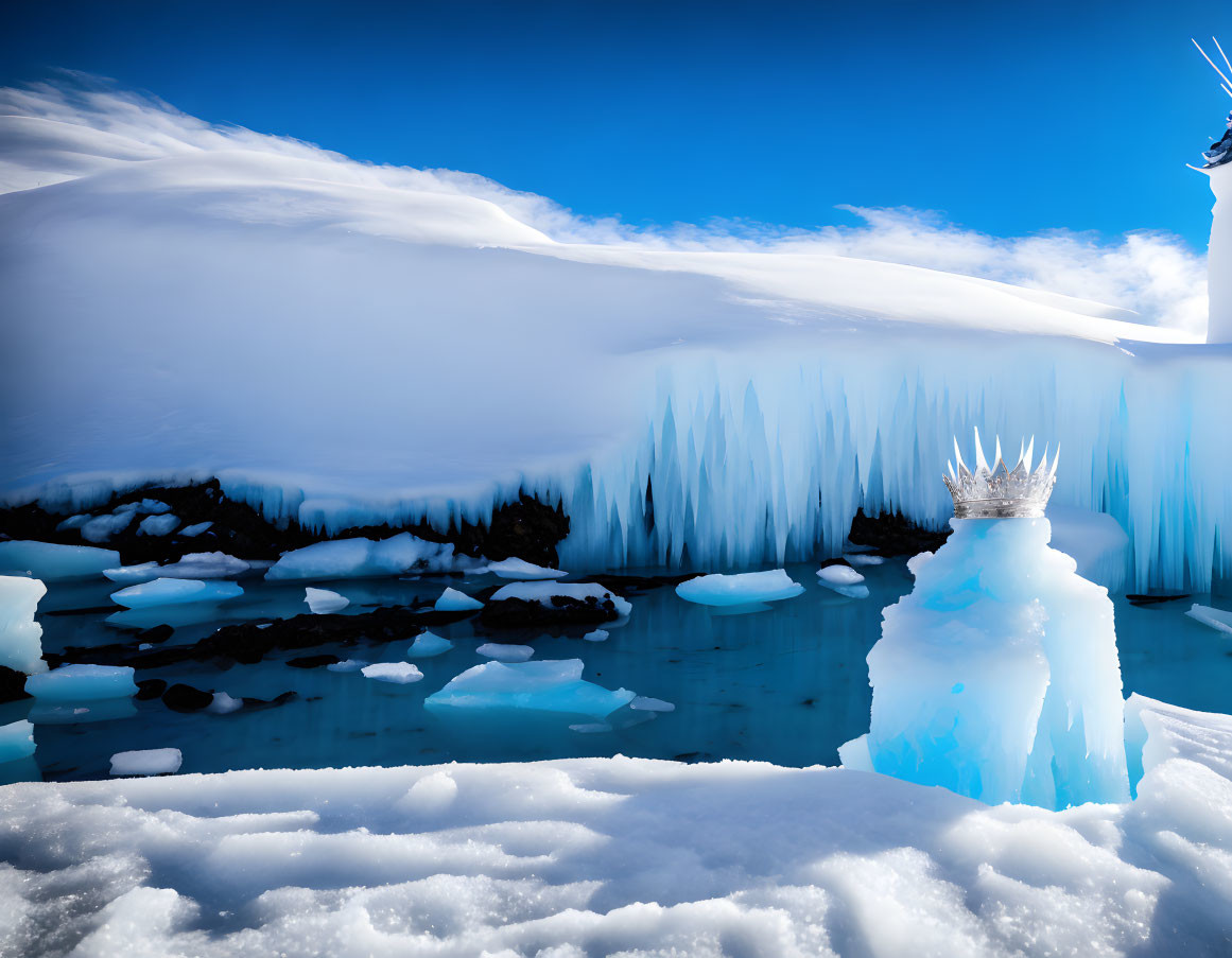 Vibrant blue ice structures by frozen lake in snowy landscape