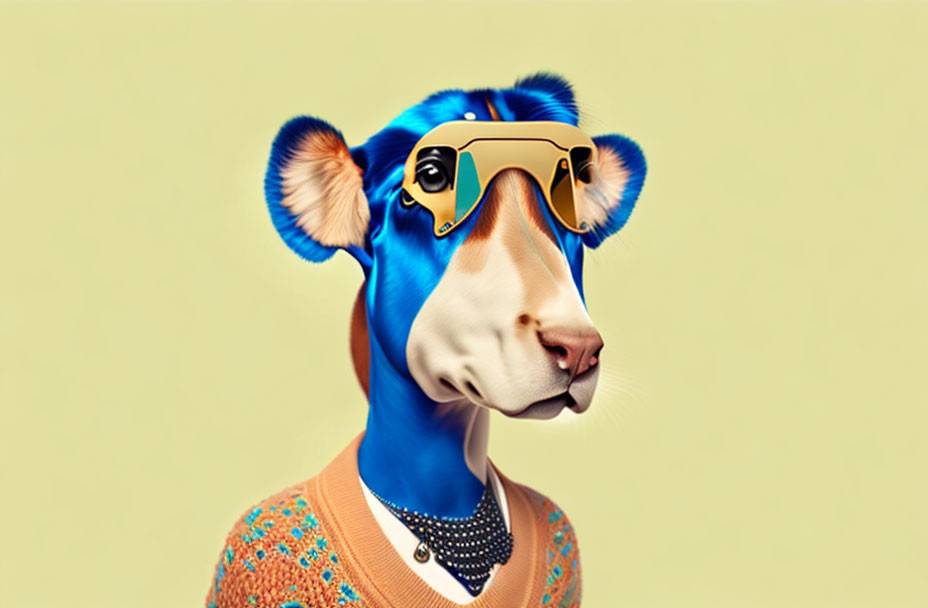 Anthropomorphized cow digital artwork with blue eyes in stylish attire