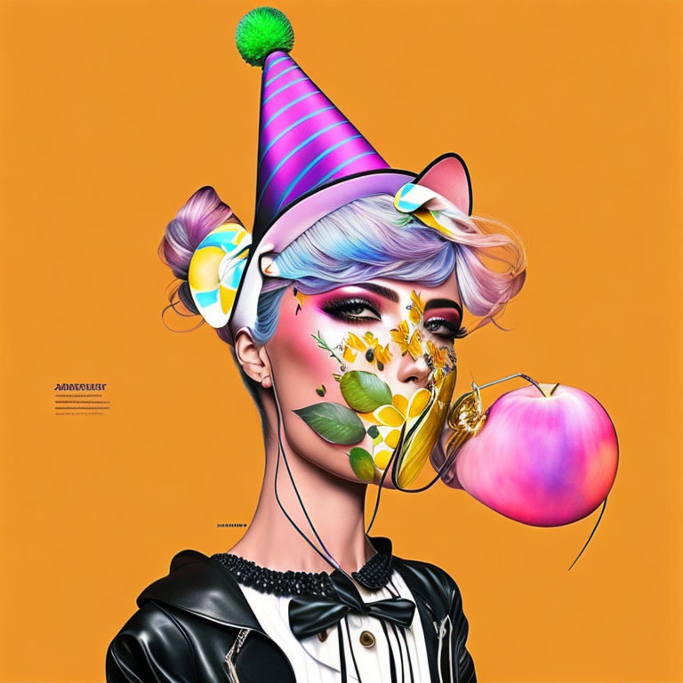 Digitally-created image: Person with vibrant makeup and party hat blowing bubble gum on orange background