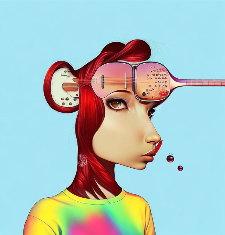 Illustration of surreal woman with red hair and guitar-like facial elements