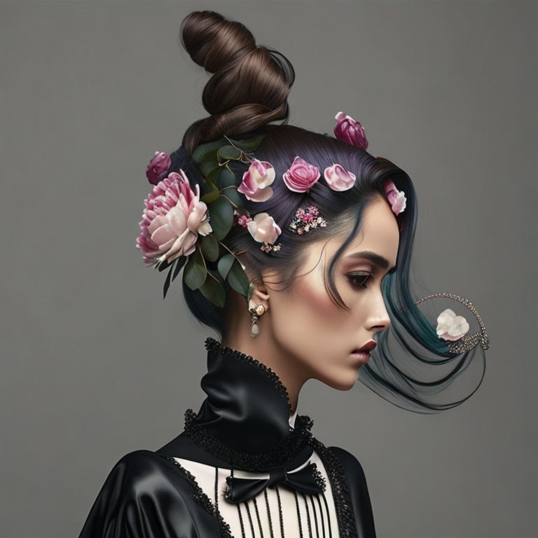 Portrait of Woman with Elaborate Updo and Floral Adornments