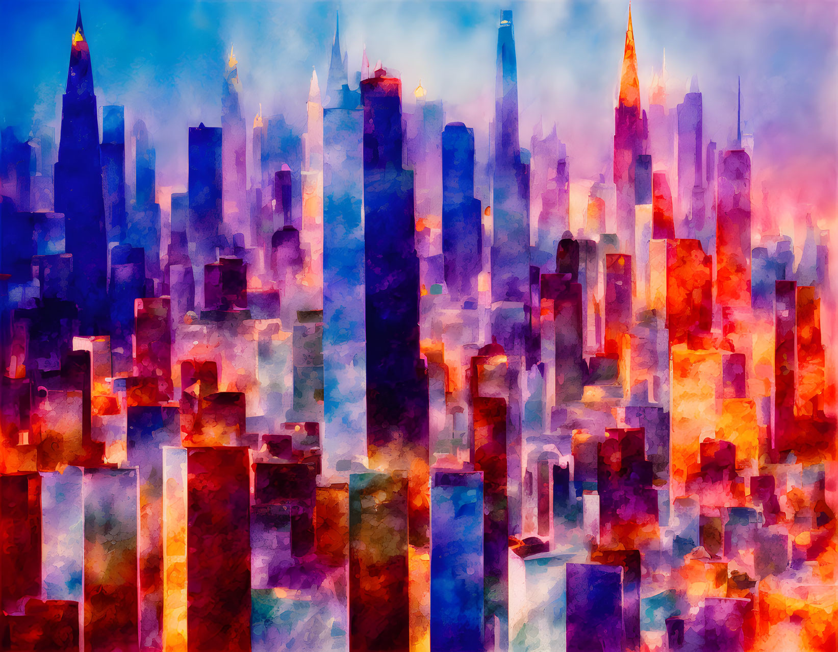 Vibrant abstract city skyline painting in blue, orange, and pink