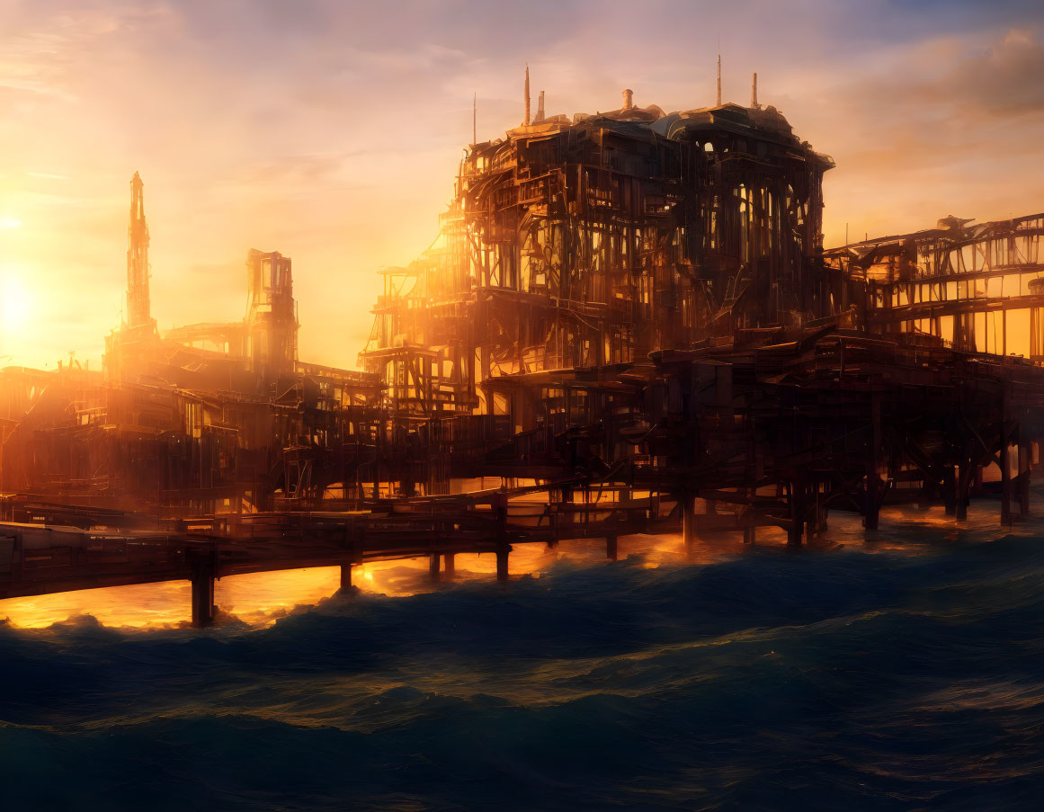 Abandoned ocean platform at sunset with rusting structure