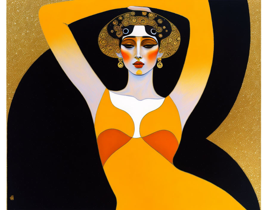 Woman with Headdress and Golden Accents in Orange Dress on Starry Background