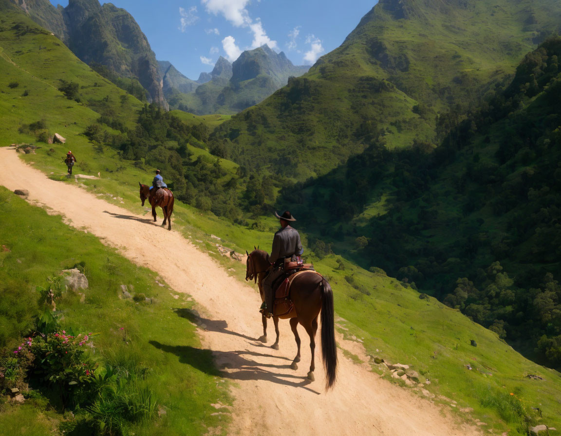 Horseback Riders on Dirt Trail Through Green Hills