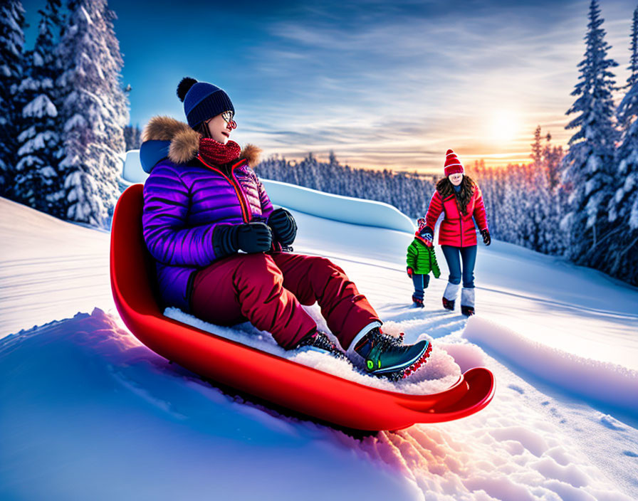 Two people sled riding on snowy hill with blue sky.