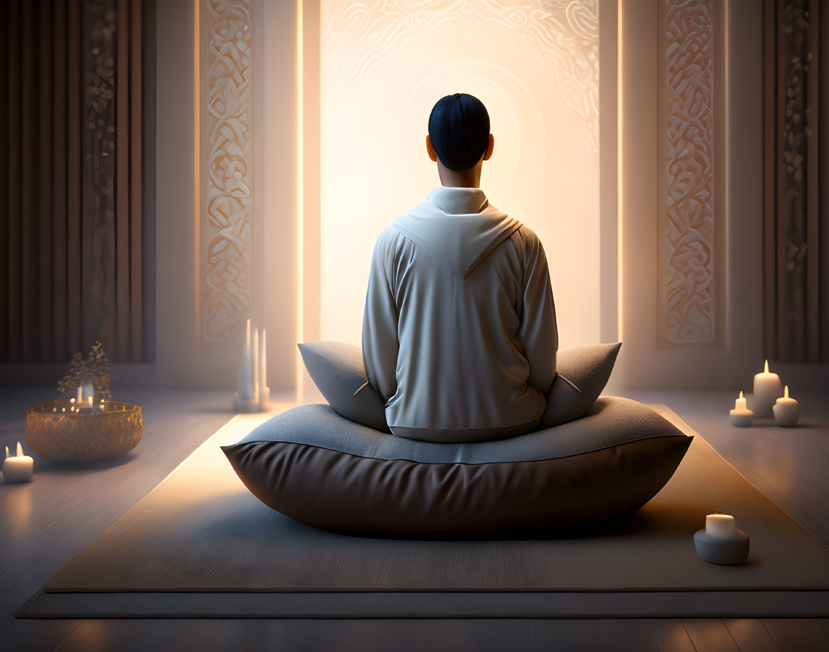 Serene meditation on cushion in dimly lit room