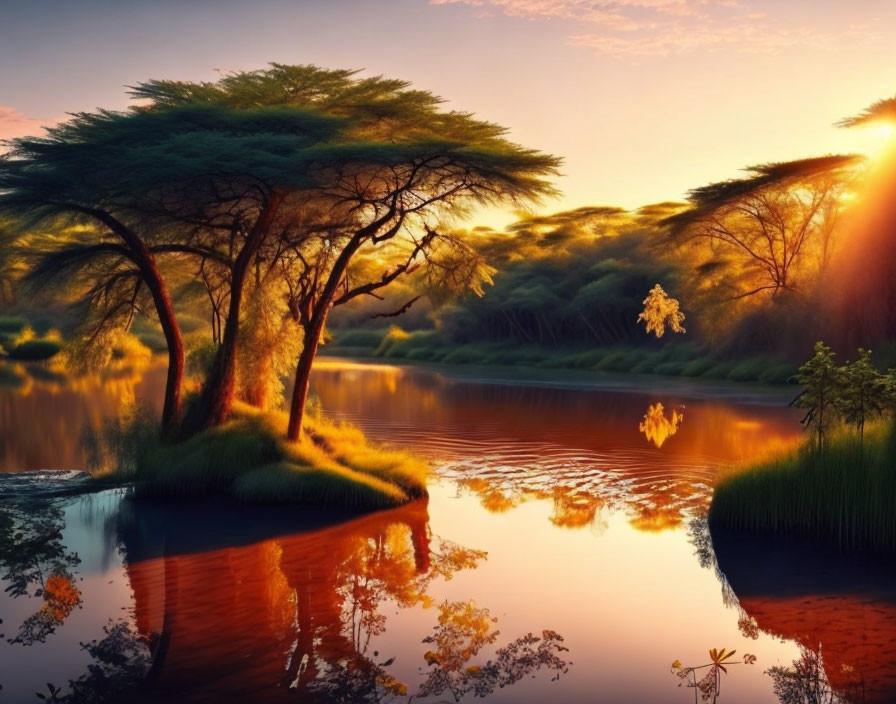 Tranquil river sunset with colorful reflections of trees