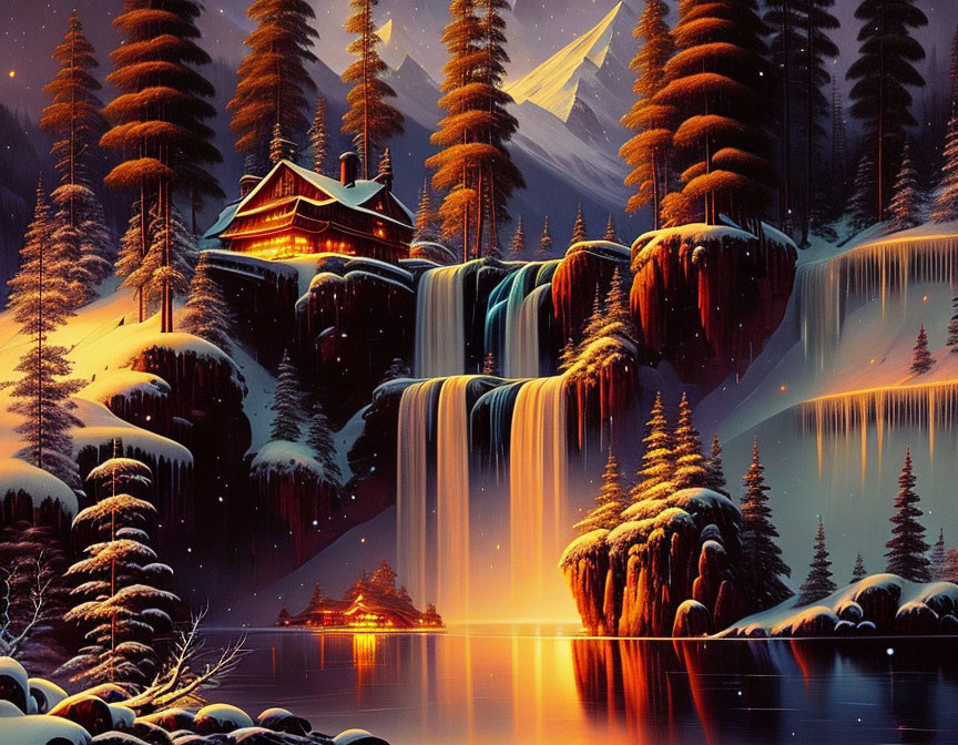 Winter Cabin Scene: Cascading Waterfalls, Snowy Pines, Serene Lake