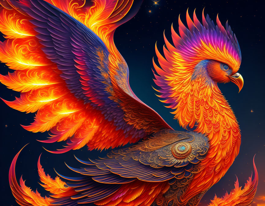 Majestic phoenix digital artwork with fiery plumage on starry night sky