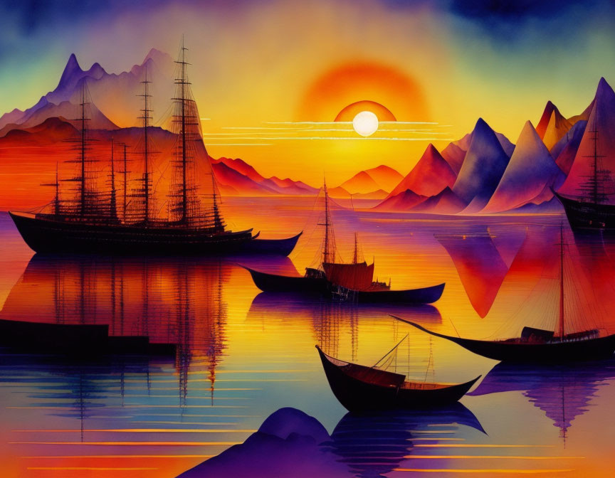 Sunset seascape painting with ships, mountains, and orange skies