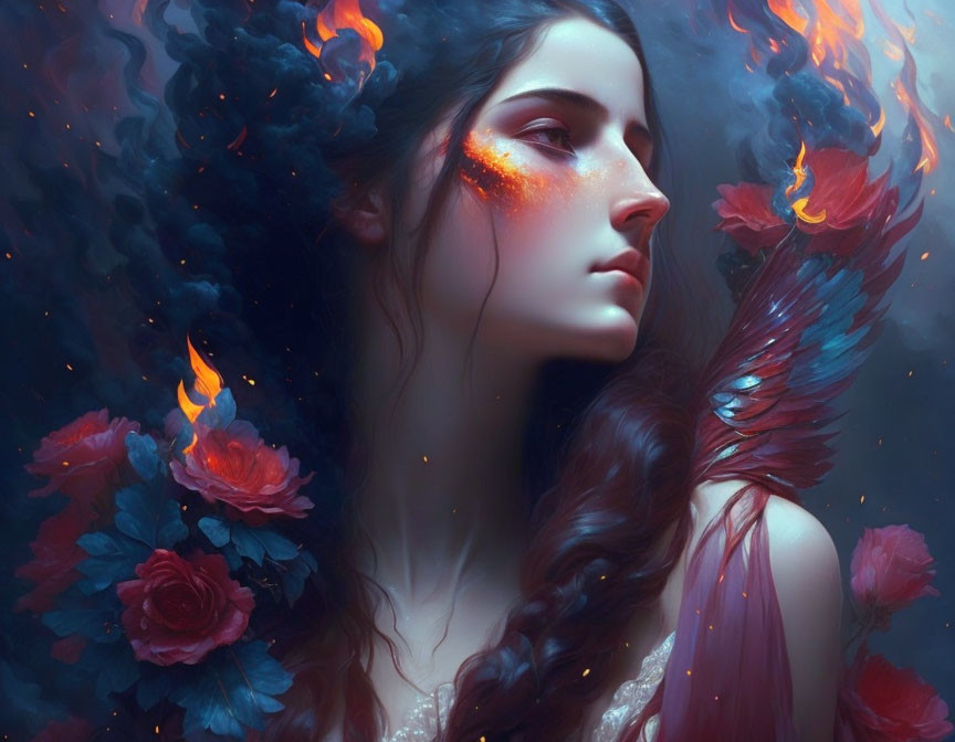 Fantasy Artwork: Woman with Fiery Flowers and Smoky Effects