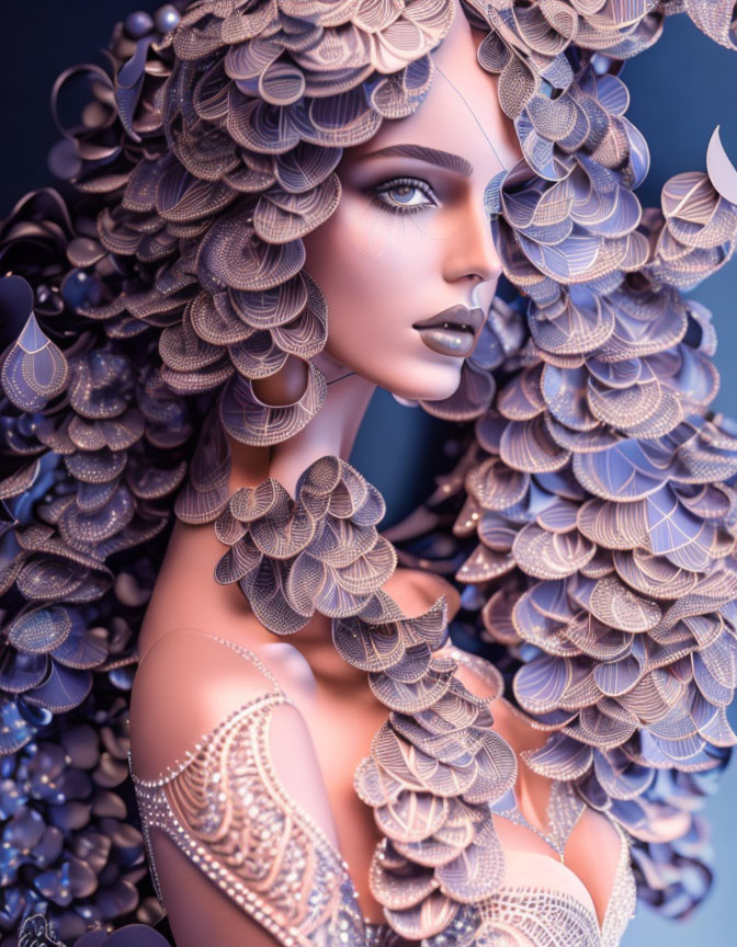 Stylized 3D portrait of woman with shell-like hair decorations in cool colors