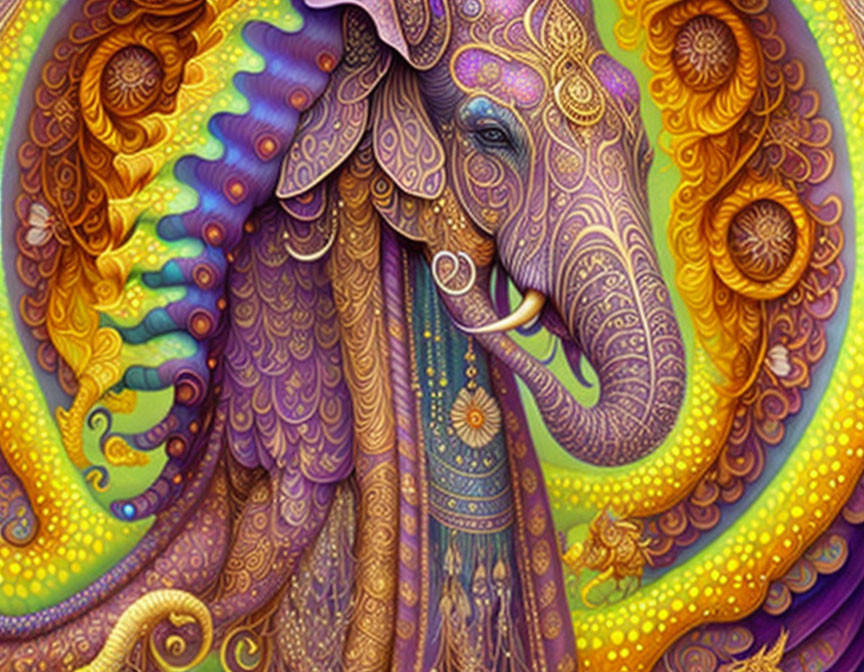 Colorful Adorned Elephant Illustration with Intricate Patterns and Psychedelic Tones