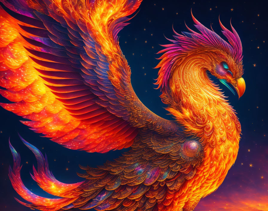 Colorful Phoenix Illustration with Fiery Wings on Cosmic Background