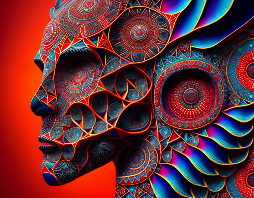 Colorful Mandala Patterns on Human Face Profile Against Red Background