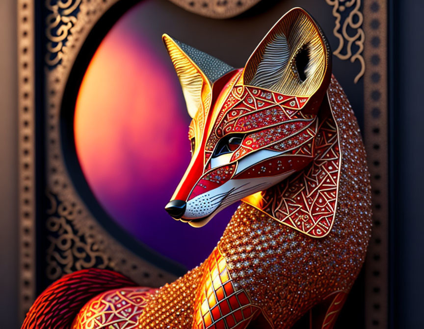 Stylized ornate fox with intricate patterns on warm gradient backdrop