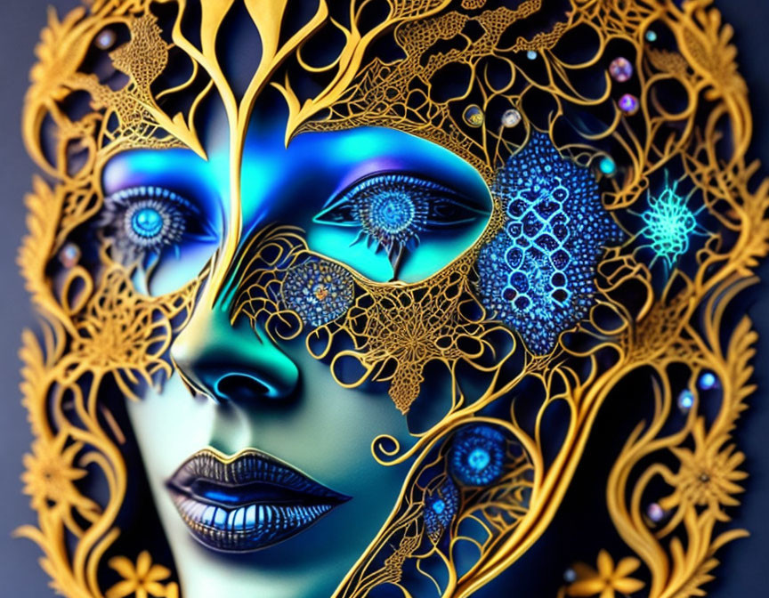 Blue-skinned face with golden lace mask and glowing eyes.