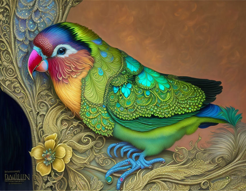 Colorful Fantasy Bird on Golden Floral Background