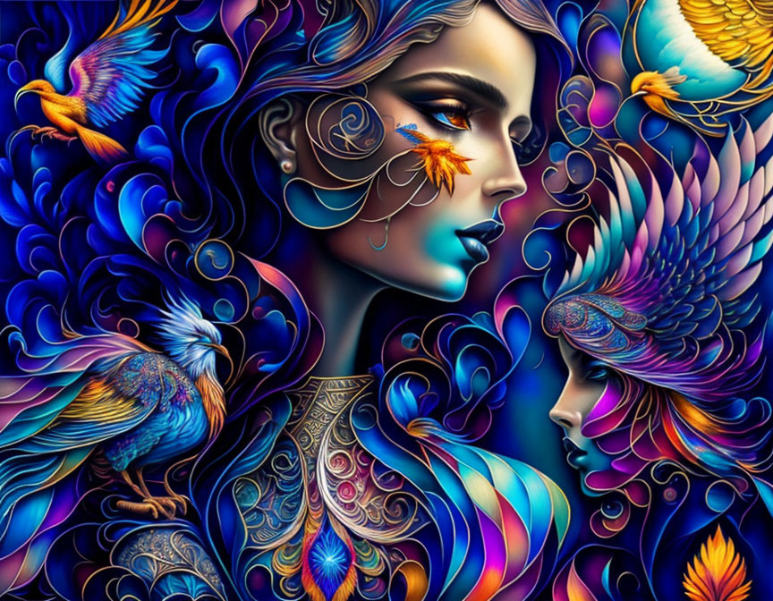 Colorful Artwork of Woman with Blue Skin and Birds