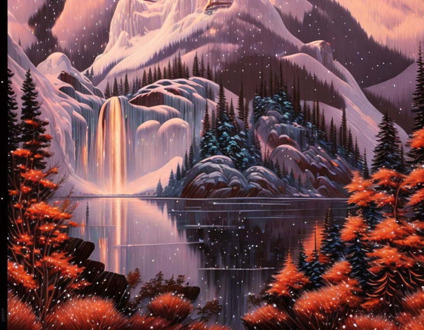 Snow-covered mountains, frozen waterfall, evergreen trees, tranquil lake in twilight