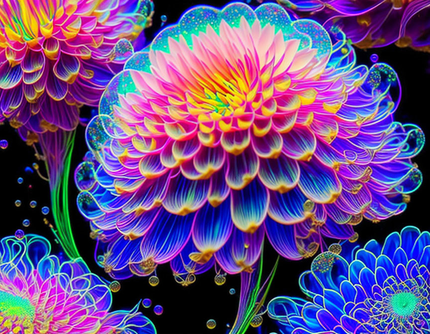 Colorful Neon-Like Dahlia Flowers on Black Background with Digital Bubble Effects