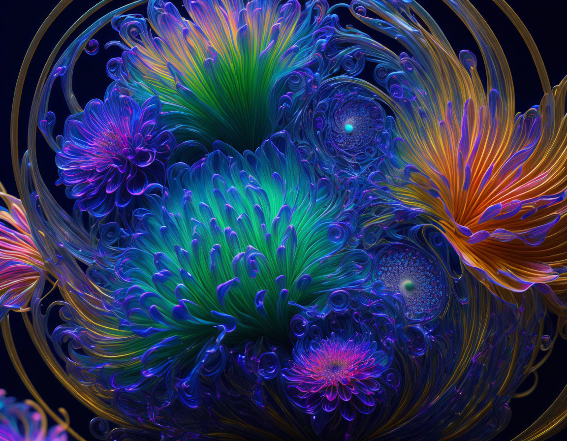 Colorful Flower-Like Fractal Patterns in Blue, Green, and Orange