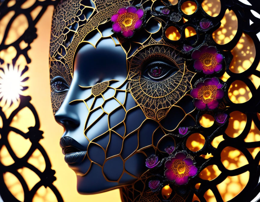 Detailed digital art: Woman's profile with metallic headdress in gold and purple.