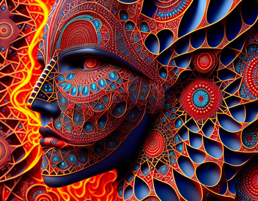 Symmetrical face with intricate patterns and fiery tones