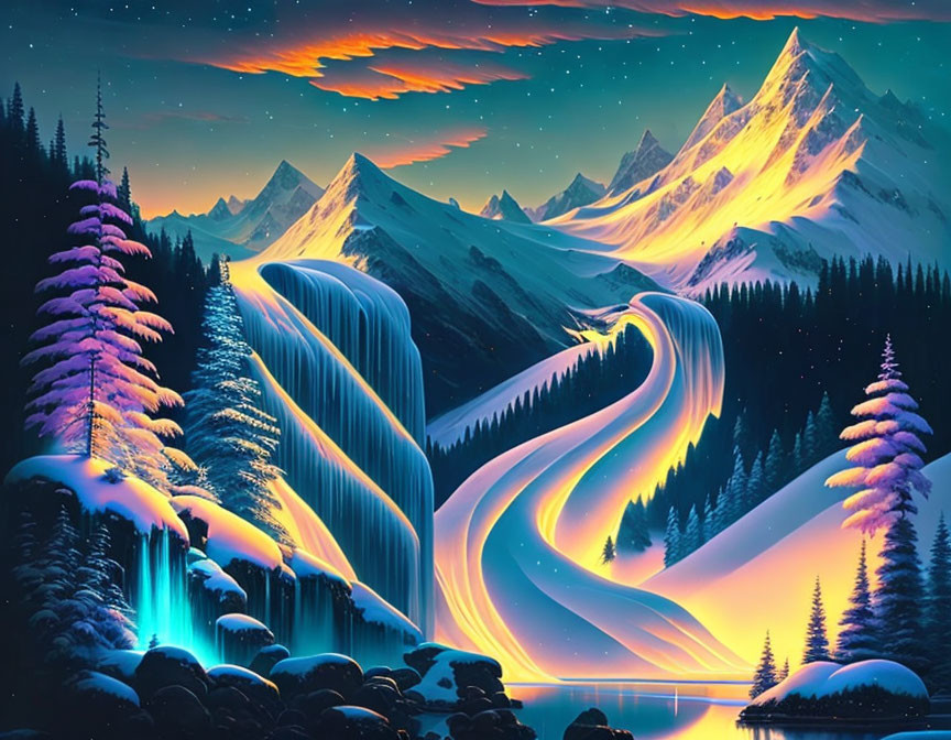 Luminous river artwork with snow-covered pine trees