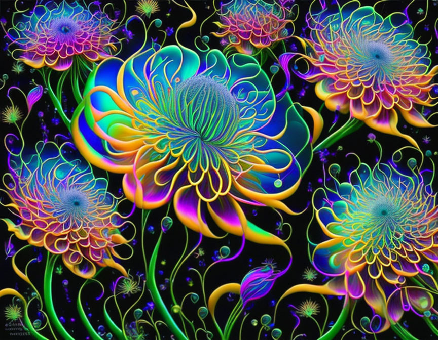 Neon-colored fantastical flowers on dark starry background