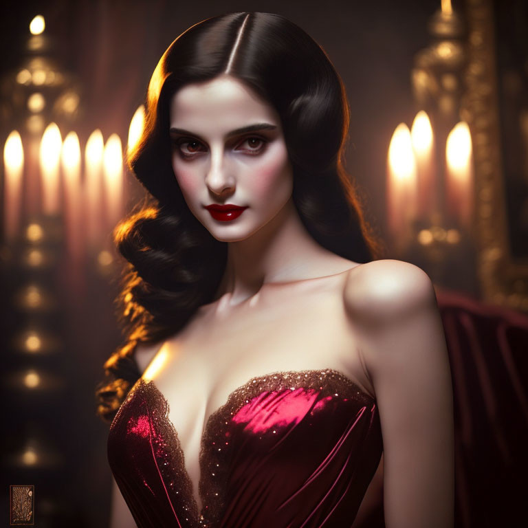 Dark-haired woman in red sequined dress with red lipstick posing elegantly amid blurred candles