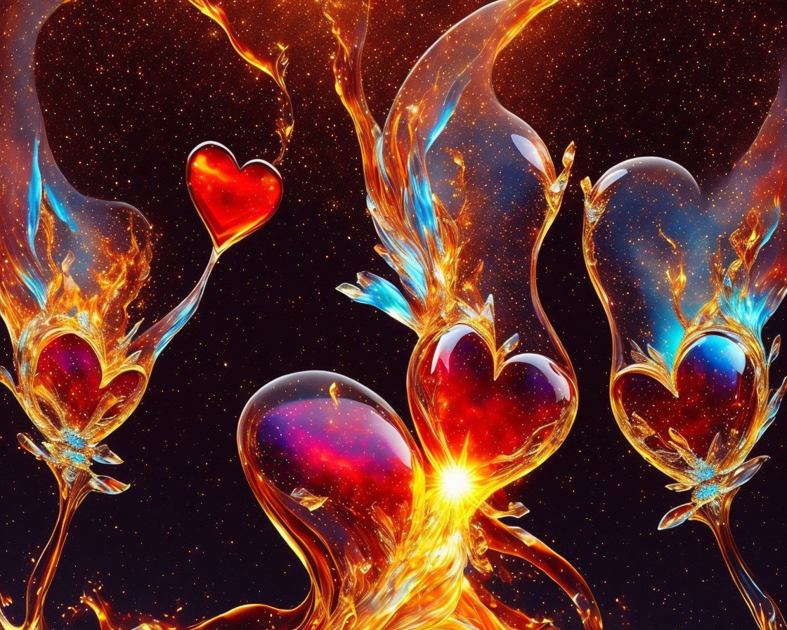 Colorful Heart-Shaped Digital Art with Fiery Texture on Cosmic Background