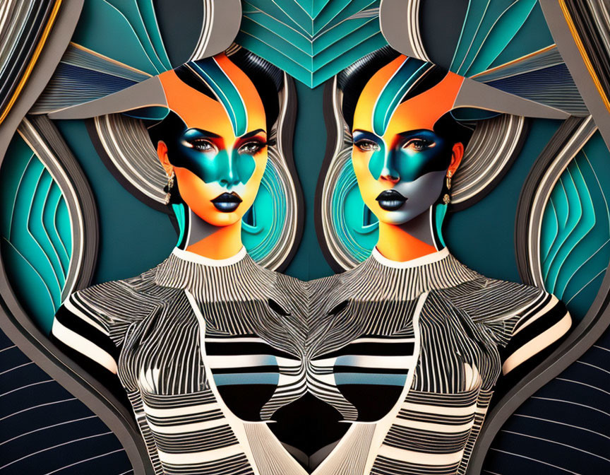 Symmetrical female figures with body paint & futuristic headdresses on geometric backdrop