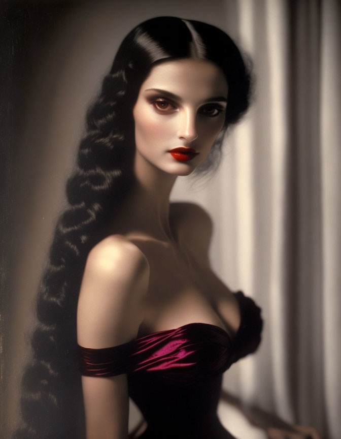 Portrait of Woman with Dark Wavy Hair and Red Lipstick