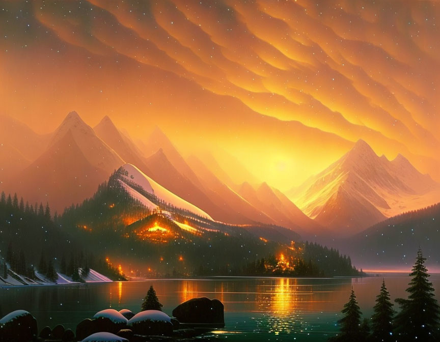 Tranquil lakeside sunset with glowing mountains