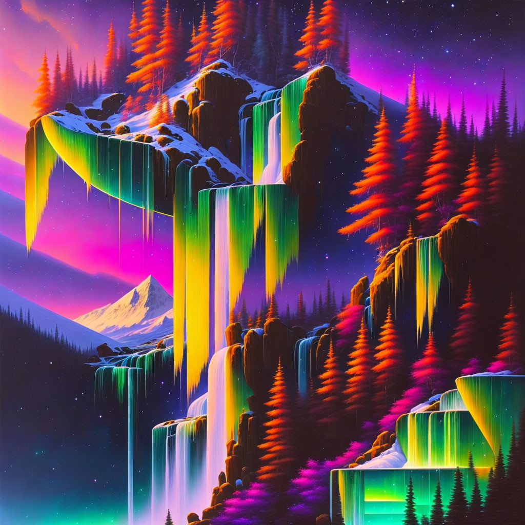 Surreal landscape with neon waterfalls and pine trees