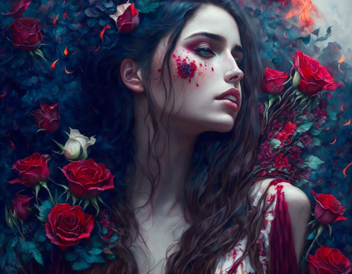 Dark-haired woman amidst red and white roses with dreamy artistic vibe