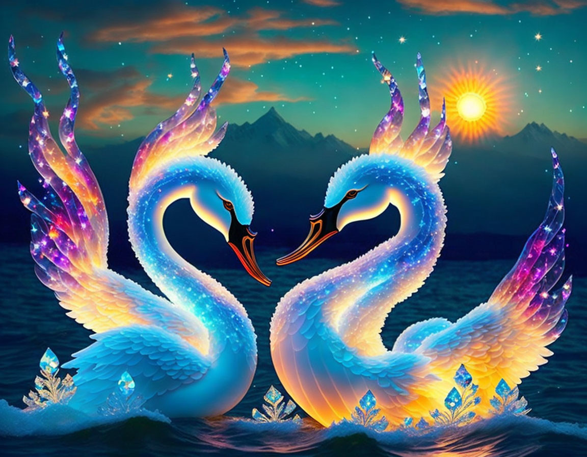 Stylized radiant swans form heart shape on vibrant twilight background