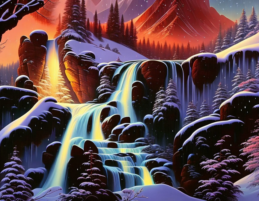 Scenic painting: waterfall, snow-covered trees, sunset, mountain