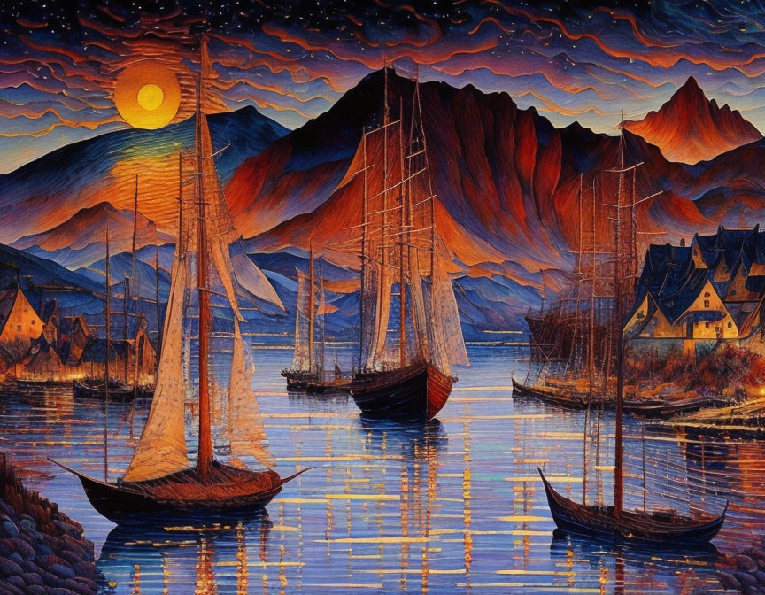 Sailboats in calm bay at sunset with village and mountains