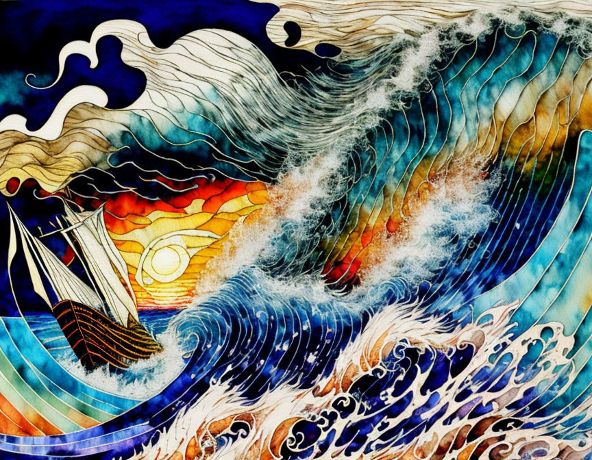 Colorful ocean wave painting with boat and sunset.