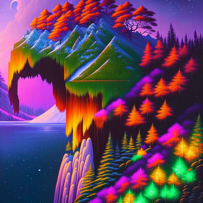 Surreal landscape: floating mountain, colorful trees, reflective lake