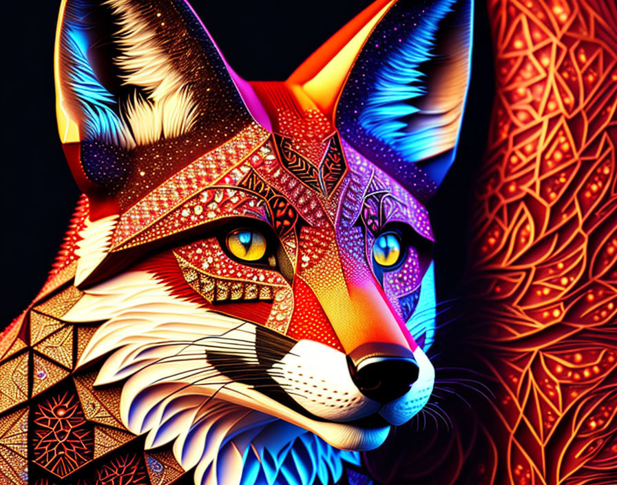 Colorful Stylized Fox Face Artwork with Geometric Patterns