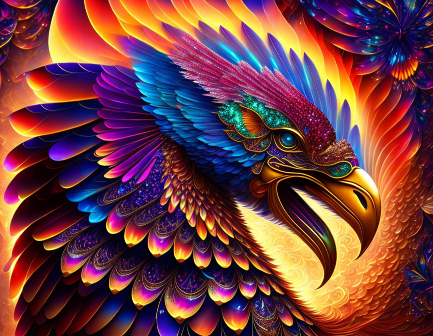 Colorful Eagle Artwork Against Psychedelic Floral Background