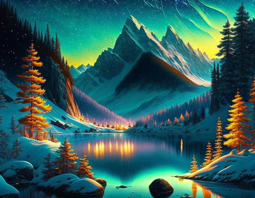 Vivid landscape with starry sky, mountain lake, autumnal trees, snow-capped peaks